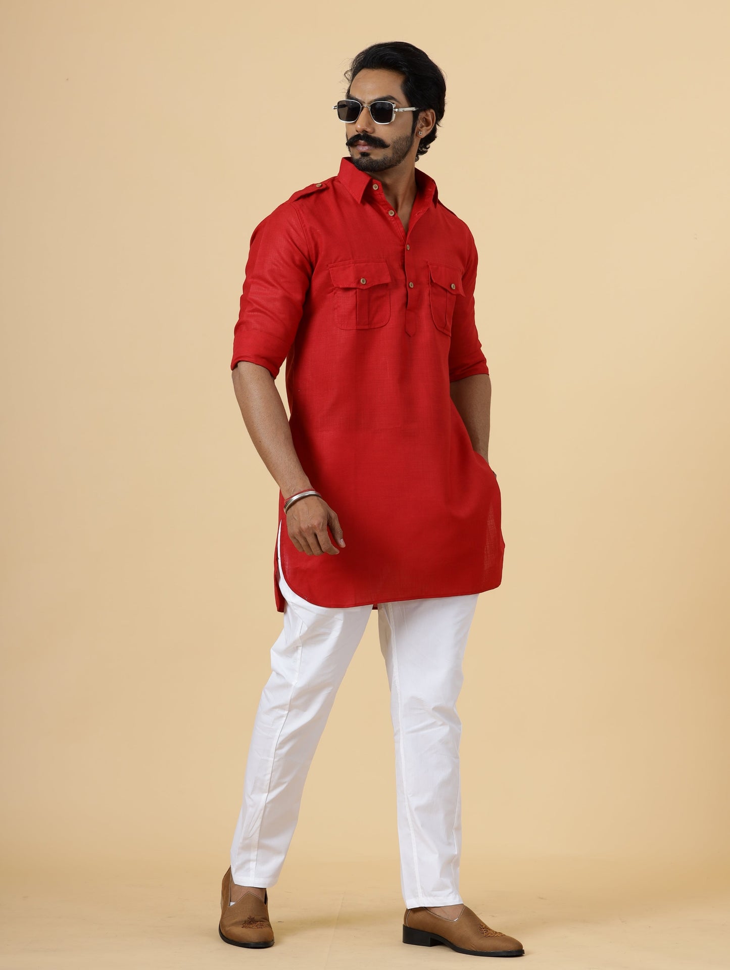 Red Hunting Style Kurta-Pajama Set