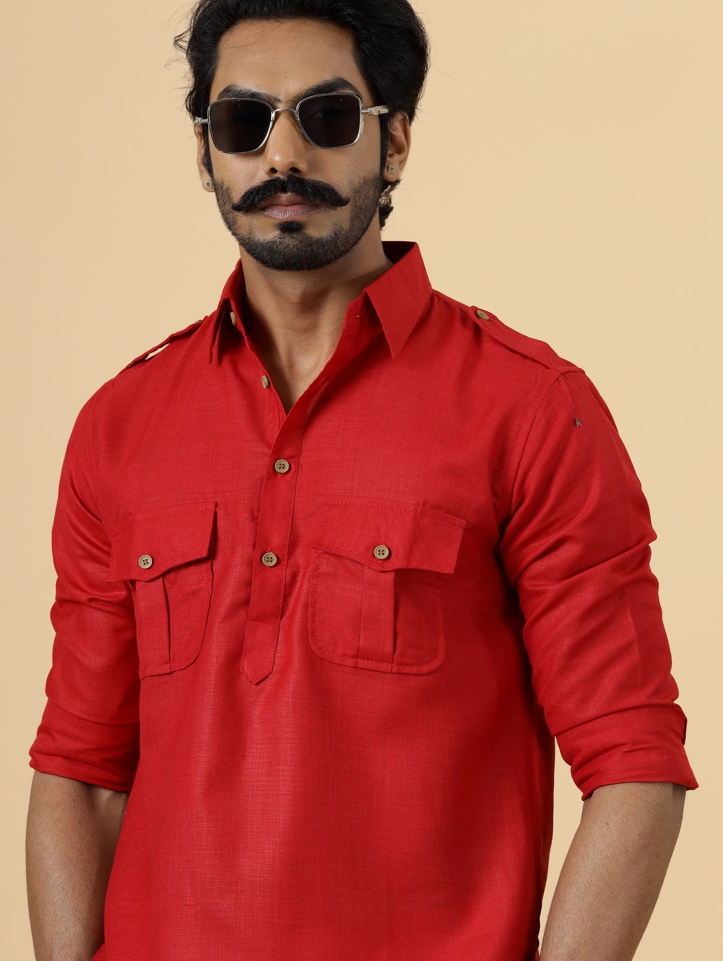 Red Hunting Style Kurta-Pajama Set