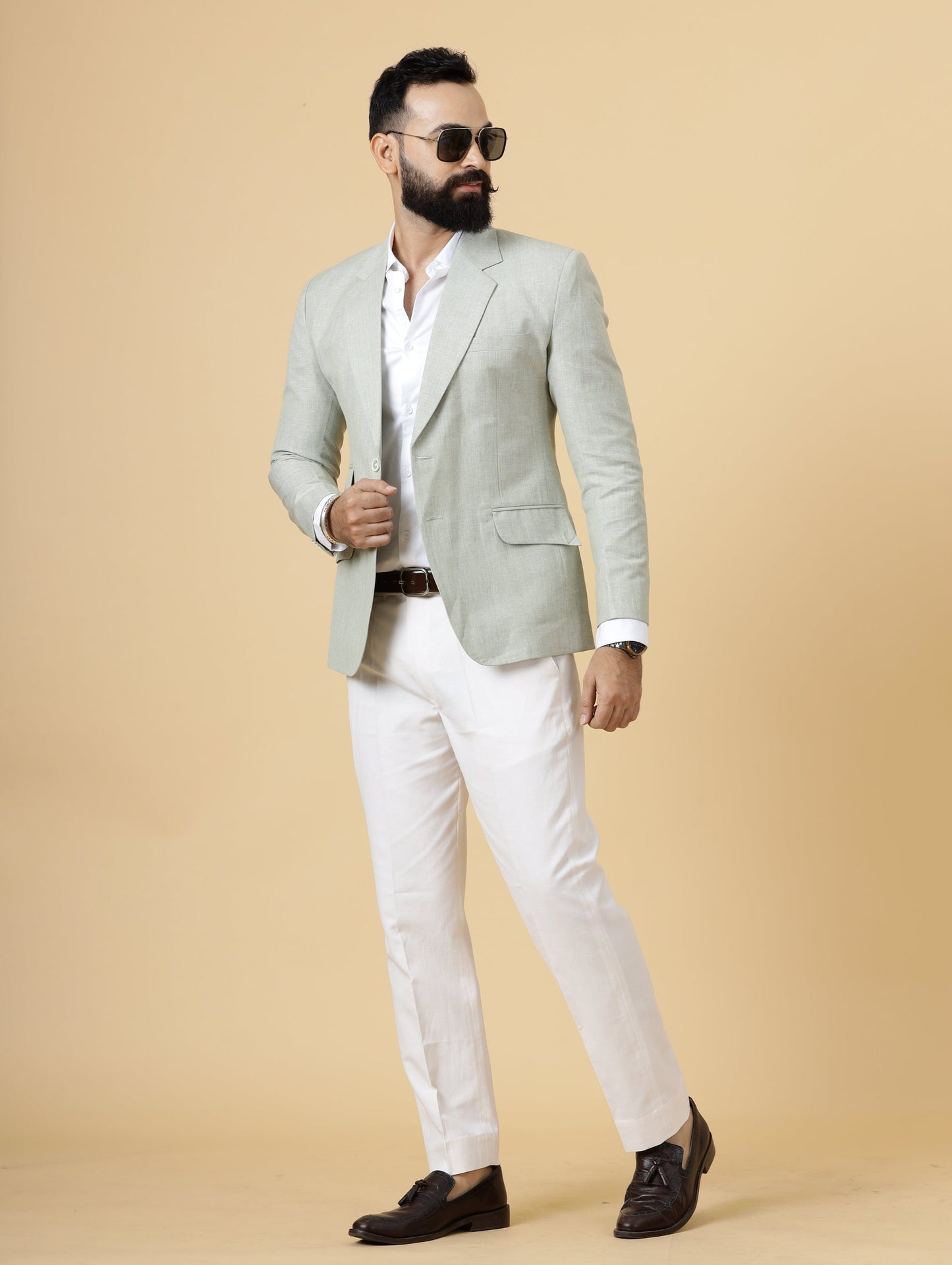 Classy Tea Green Linen 2-Piece Suit for Men | White Trouser |