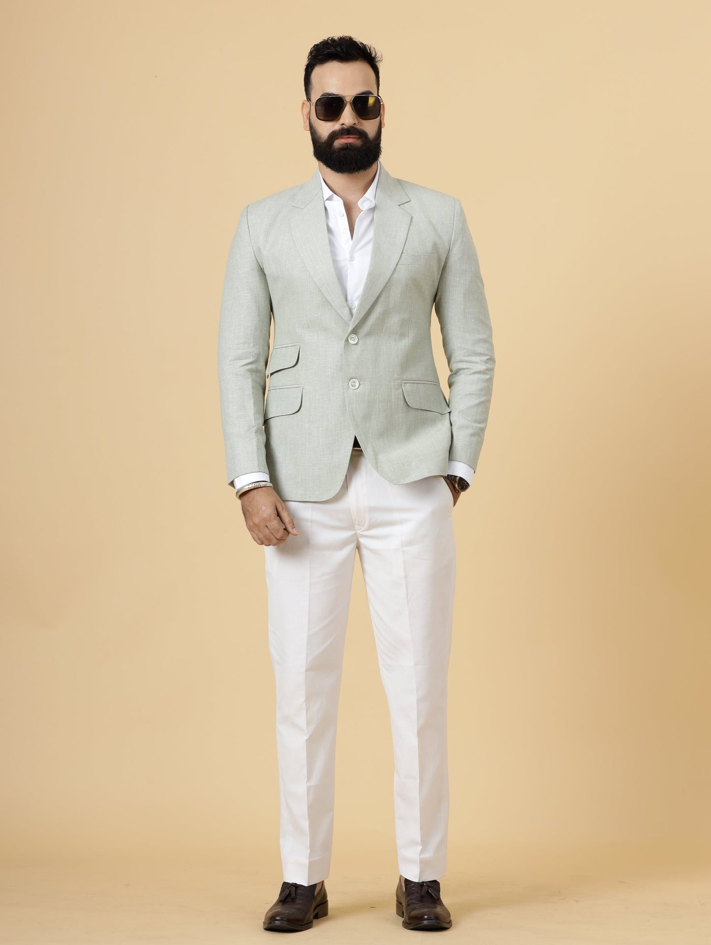 Classy Tea Green Linen 2-Piece Suit for Men | White Trouser |