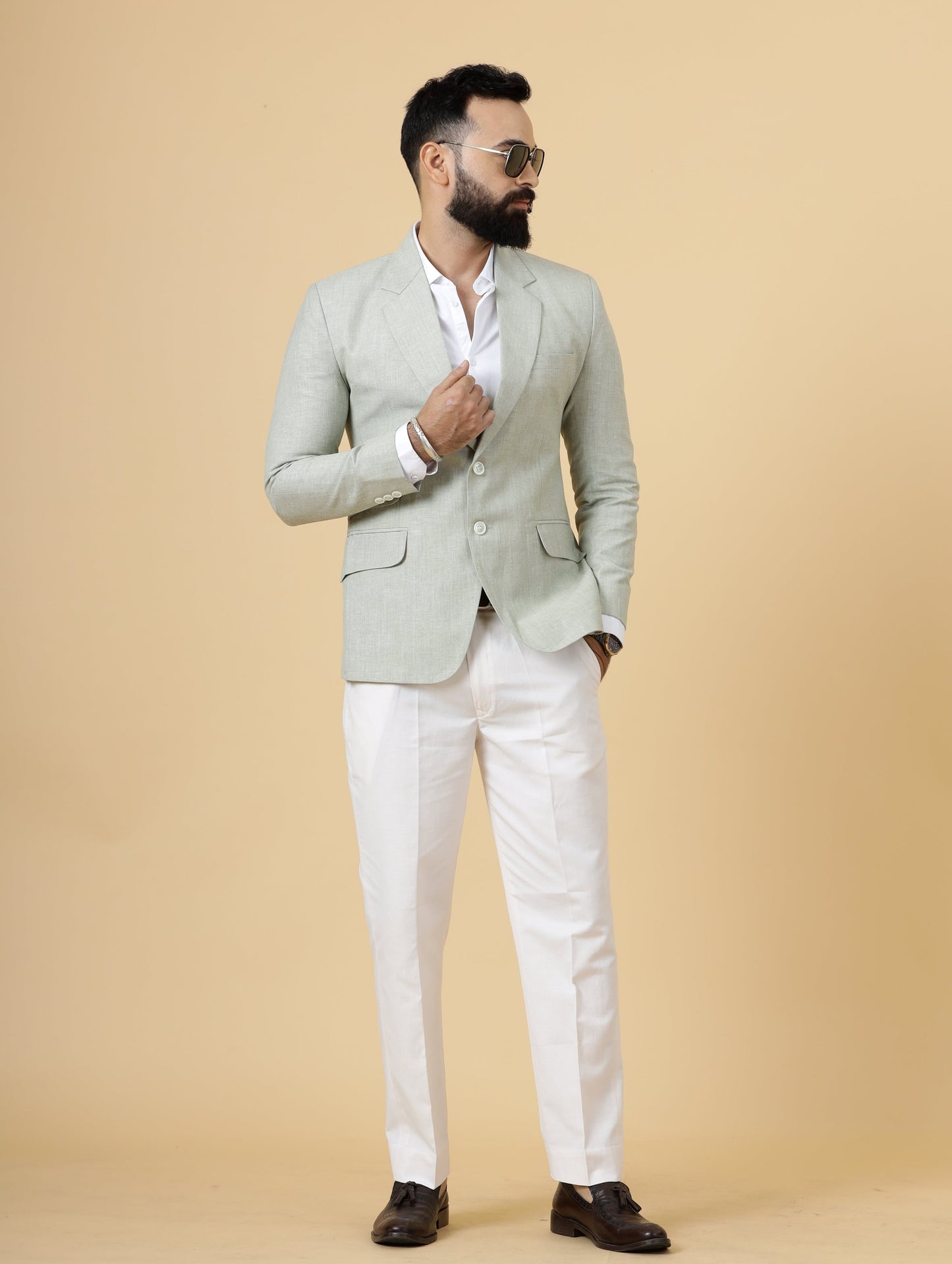 Classy Tea Green Linen 2-Piece Suit for Men | White Trouser |