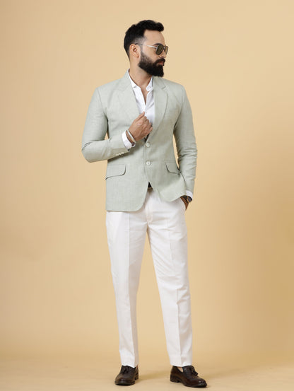 Classy Tea Green Linen 2-Piece Suit for Men | White Trouser |