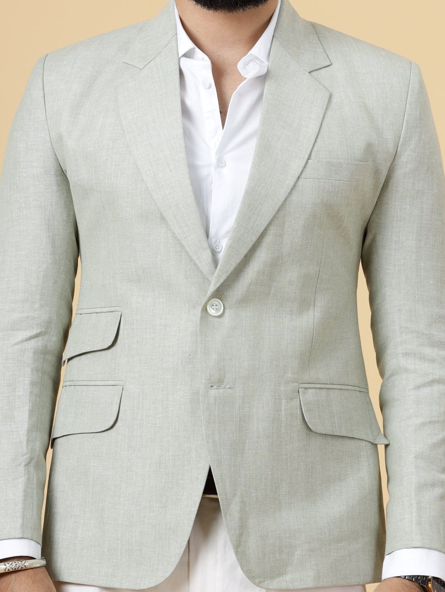 Classy Tea Green Linen 2-Piece Suit for Men | White Trouser |