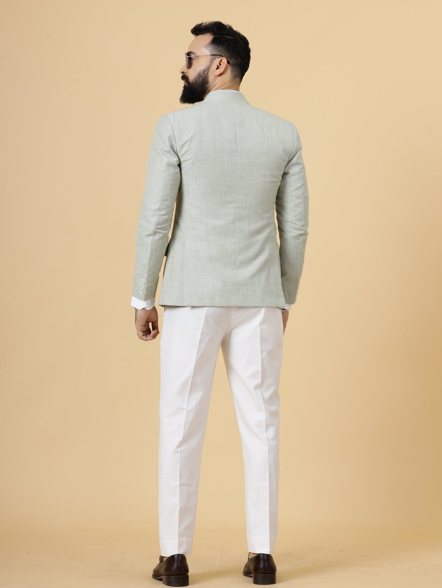 Classy Tea Green Linen 2-Piece Suit for Men | White Trouser |