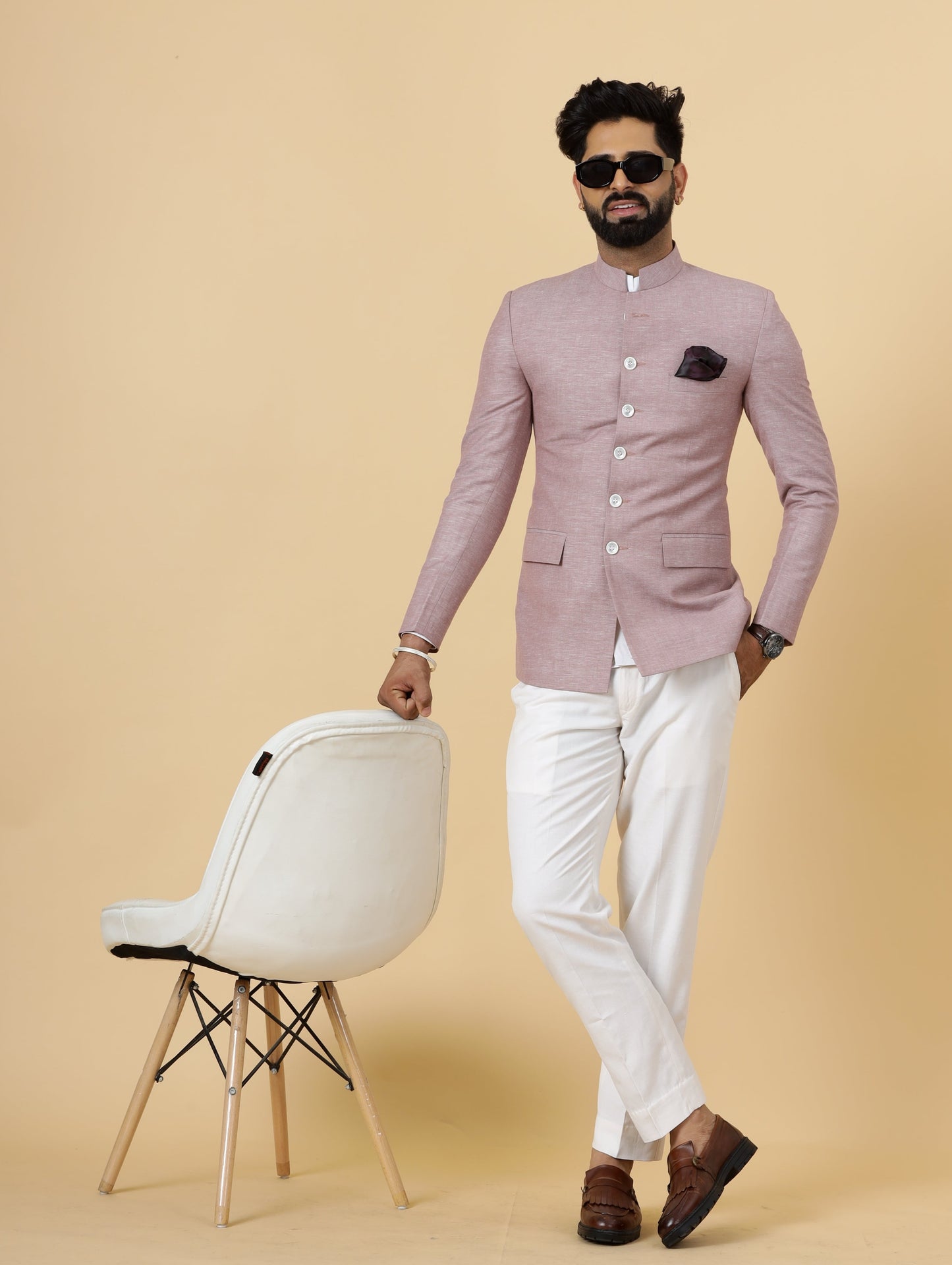 Bespoke RoseWood Linen Jodhpuri Bandhgala Suit For Men | White Trouser |