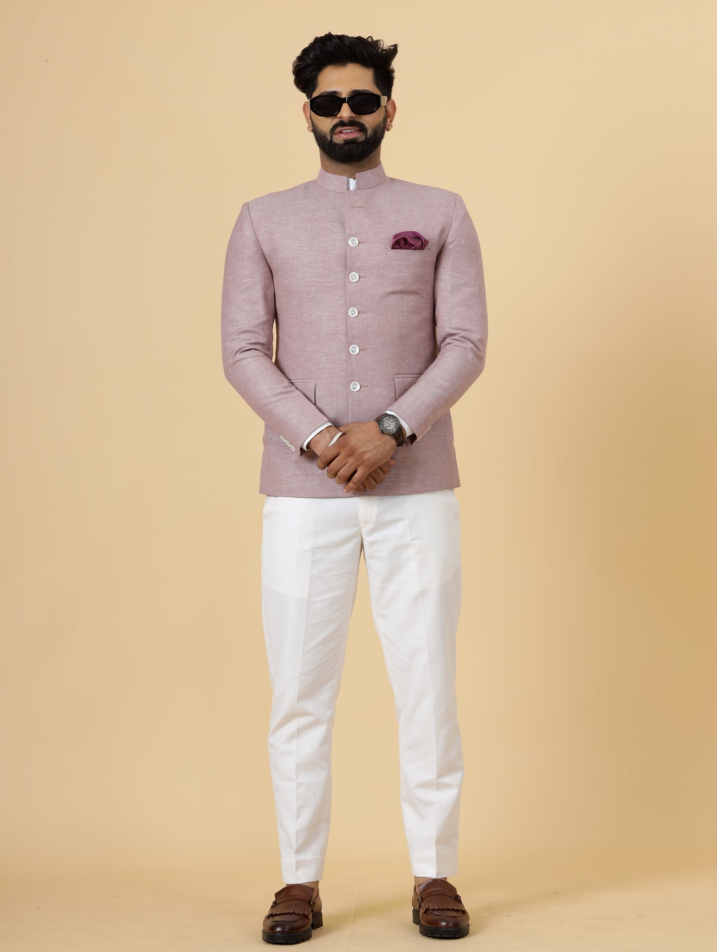 Bespoke RoseWood Linen Jodhpuri Bandhgala Suit For Men | White Trouser |