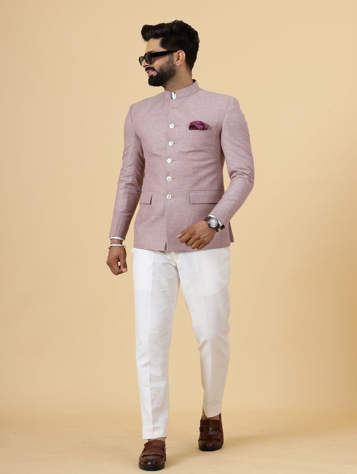 Bespoke RoseWood Linen Jodhpuri Bandhgala Suit For Men | White Trouser |