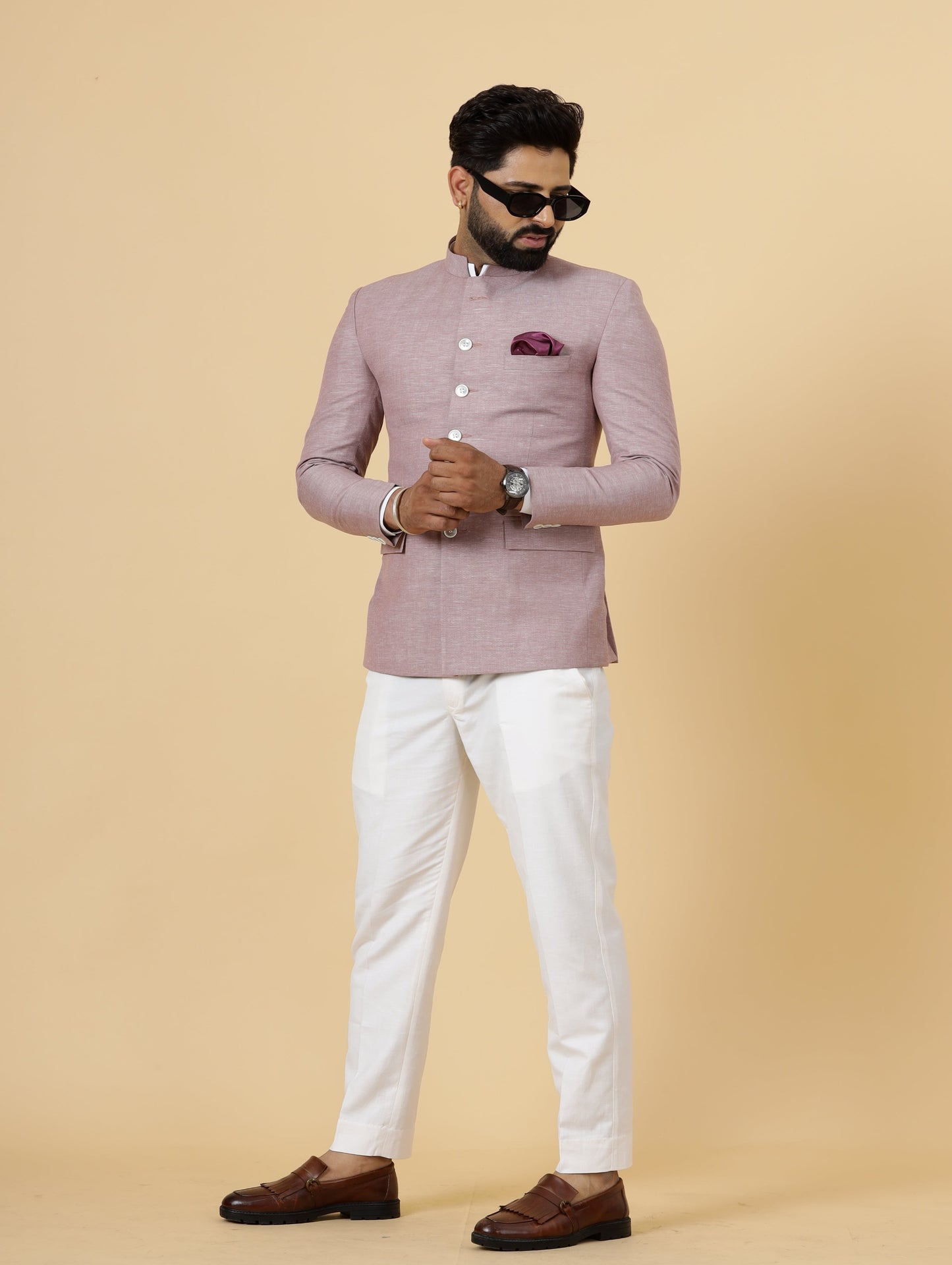 Bespoke RoseWood Linen Jodhpuri Bandhgala Suit For Men | White Trouser |