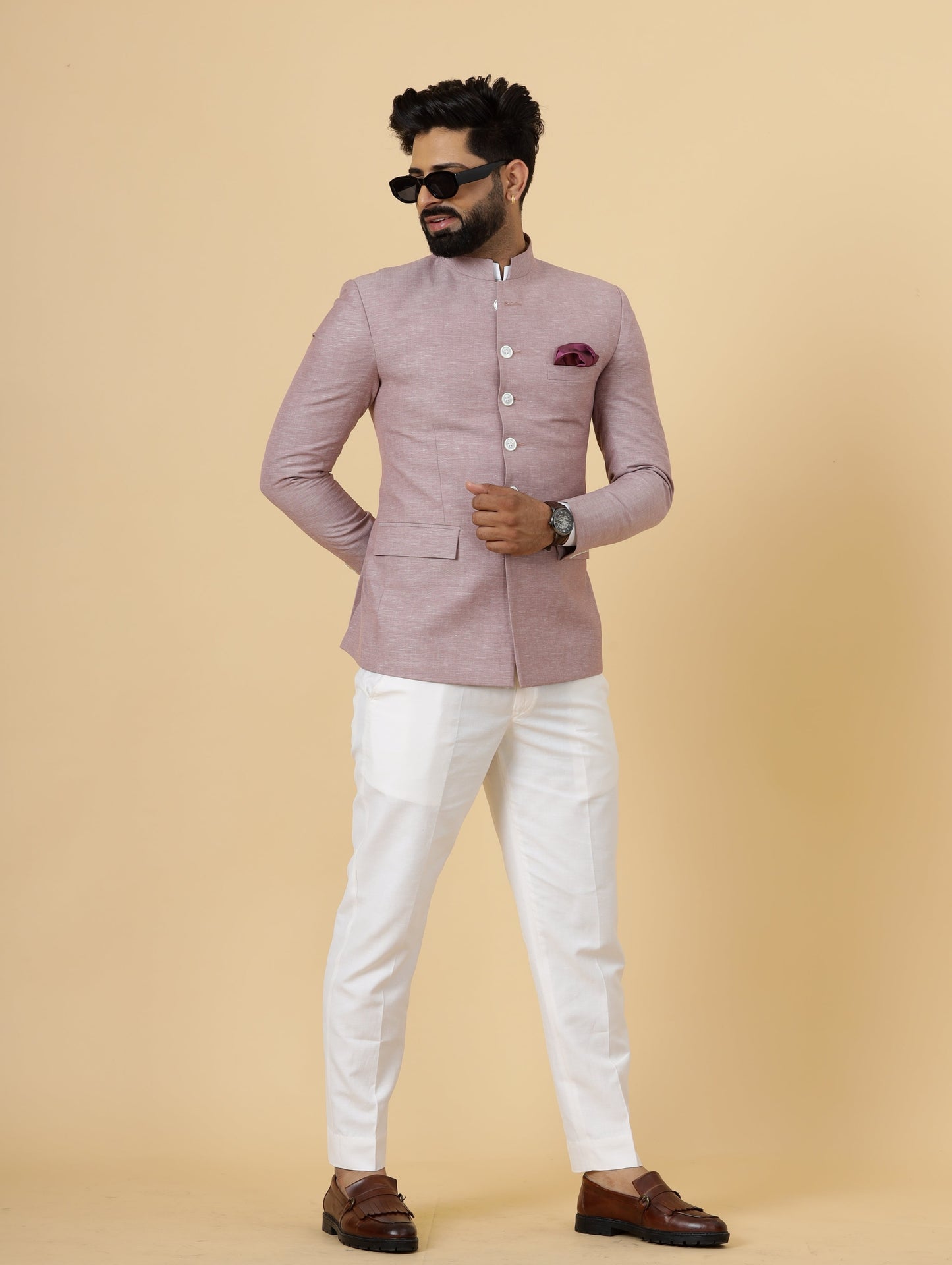 Bespoke RoseWood Linen Jodhpuri Bandhgala Suit For Men | White Trouser |