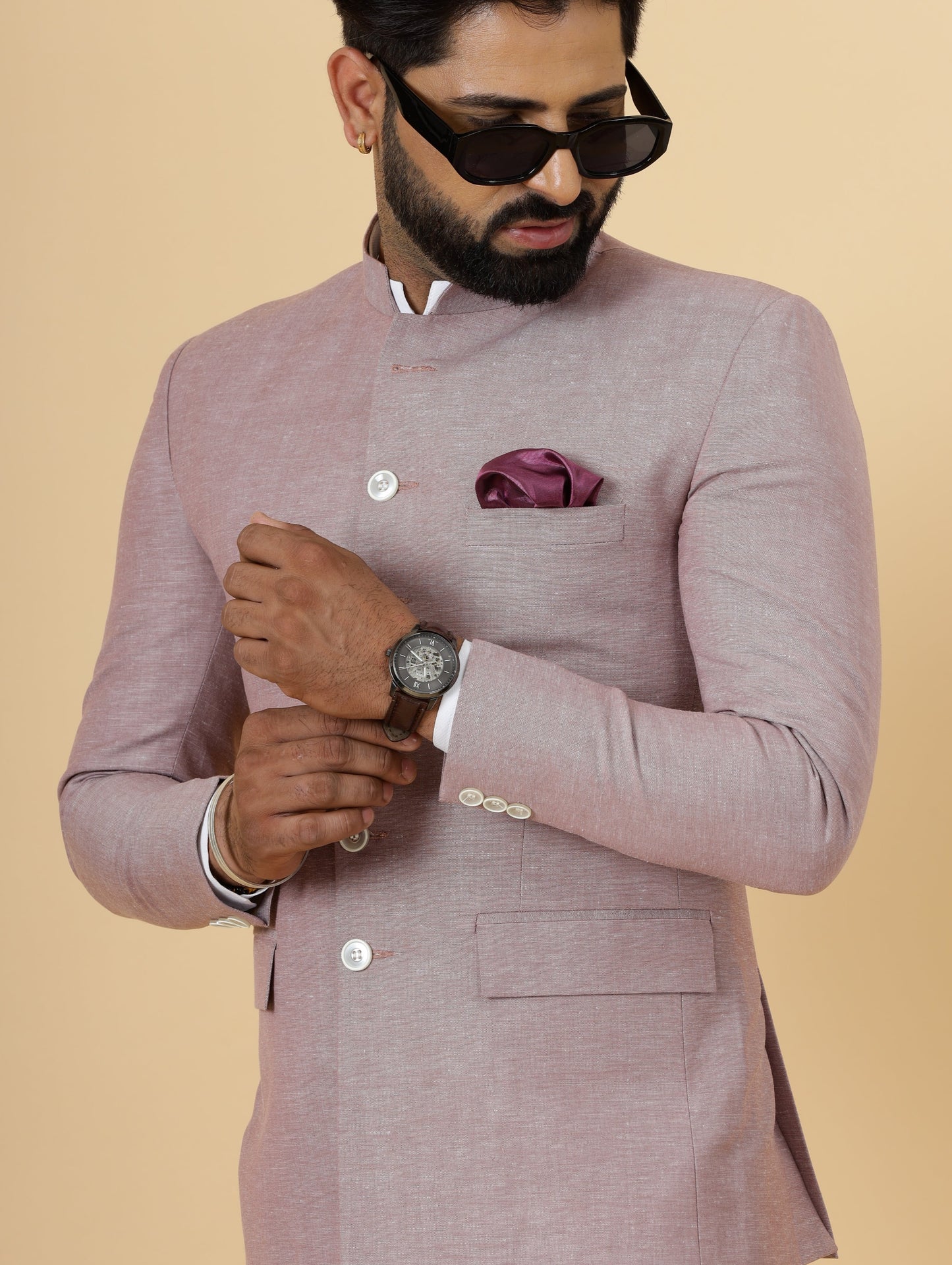 Bespoke RoseWood Linen Jodhpuri Bandhgala Suit For Men | White Trouser |