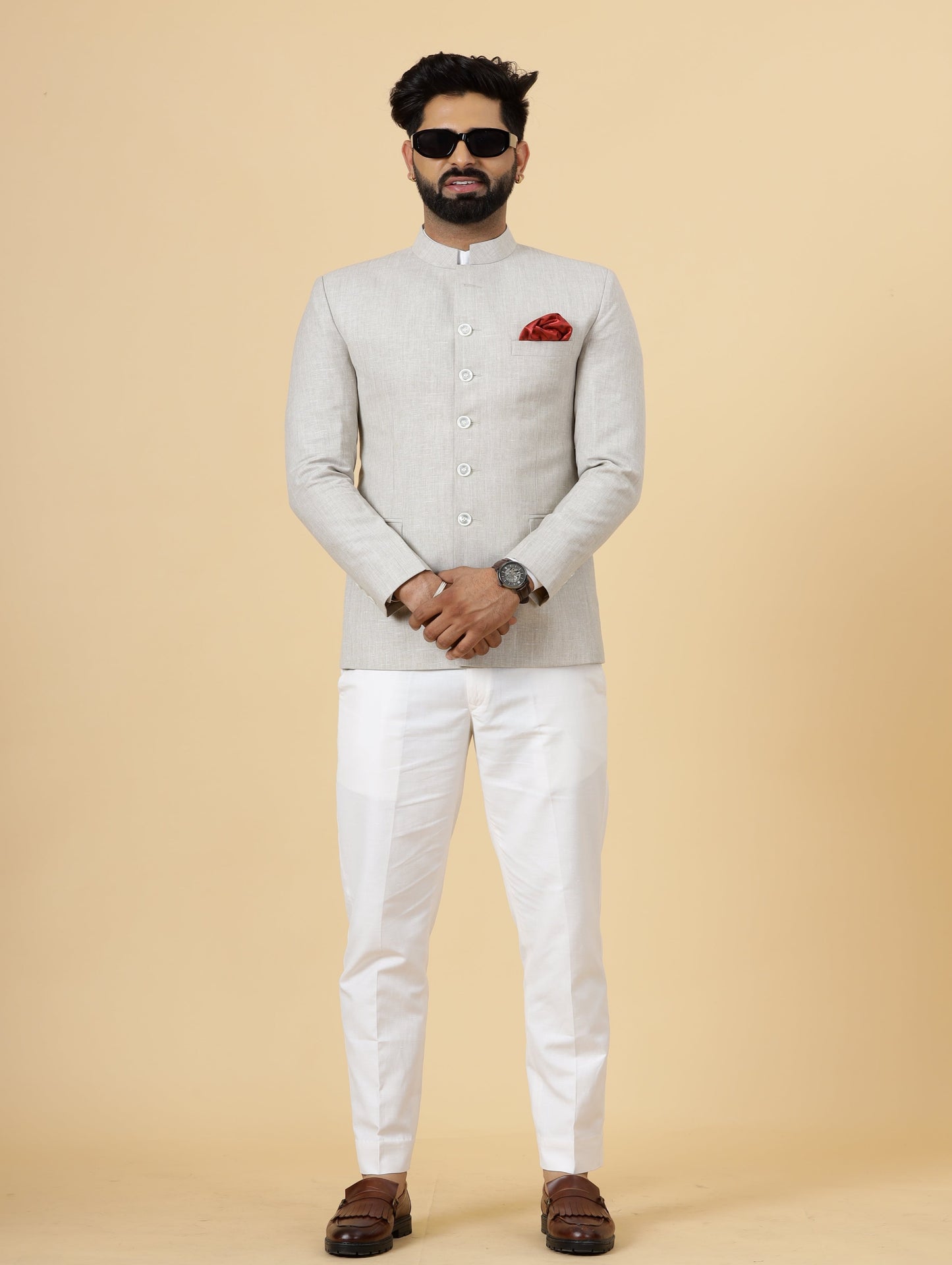 Bespoke Beige Linen Jodhpuri Bandhgala Suit For Men | White Trouser |