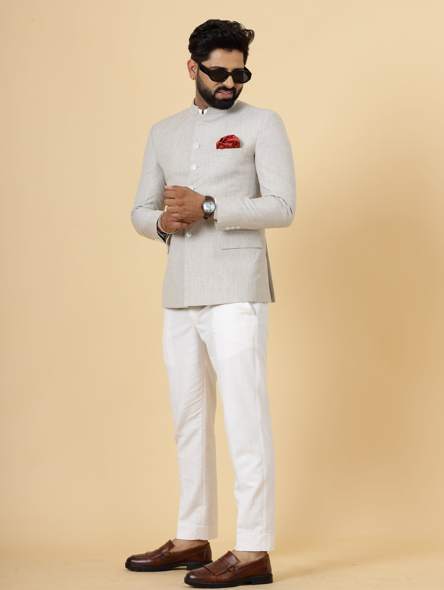 Bespoke Beige Linen Jodhpuri Bandhgala Suit For Men | White Trouser |