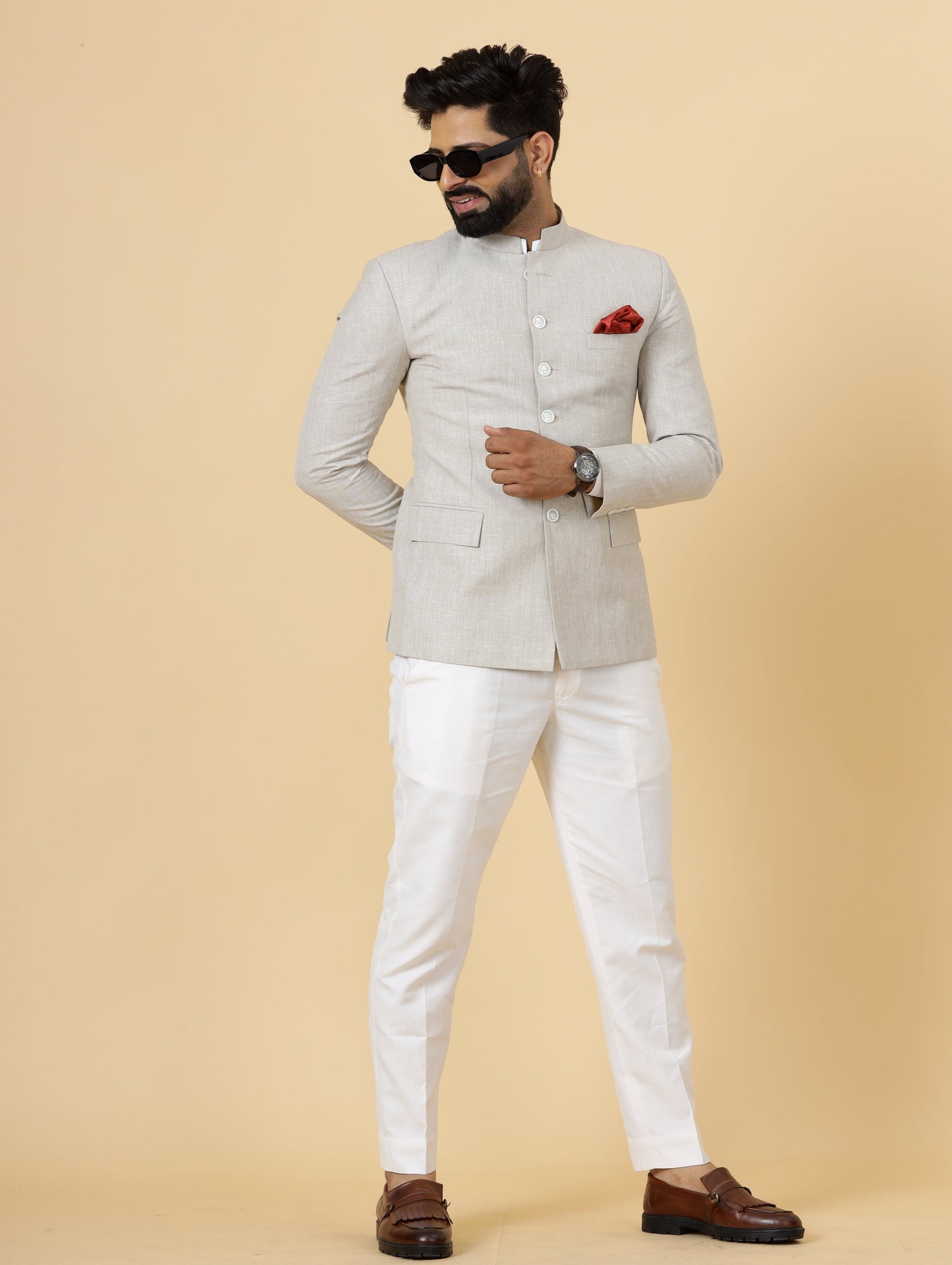 Bespoke Beige Linen Jodhpuri Bandhgala Suit For Men | White Trouser |