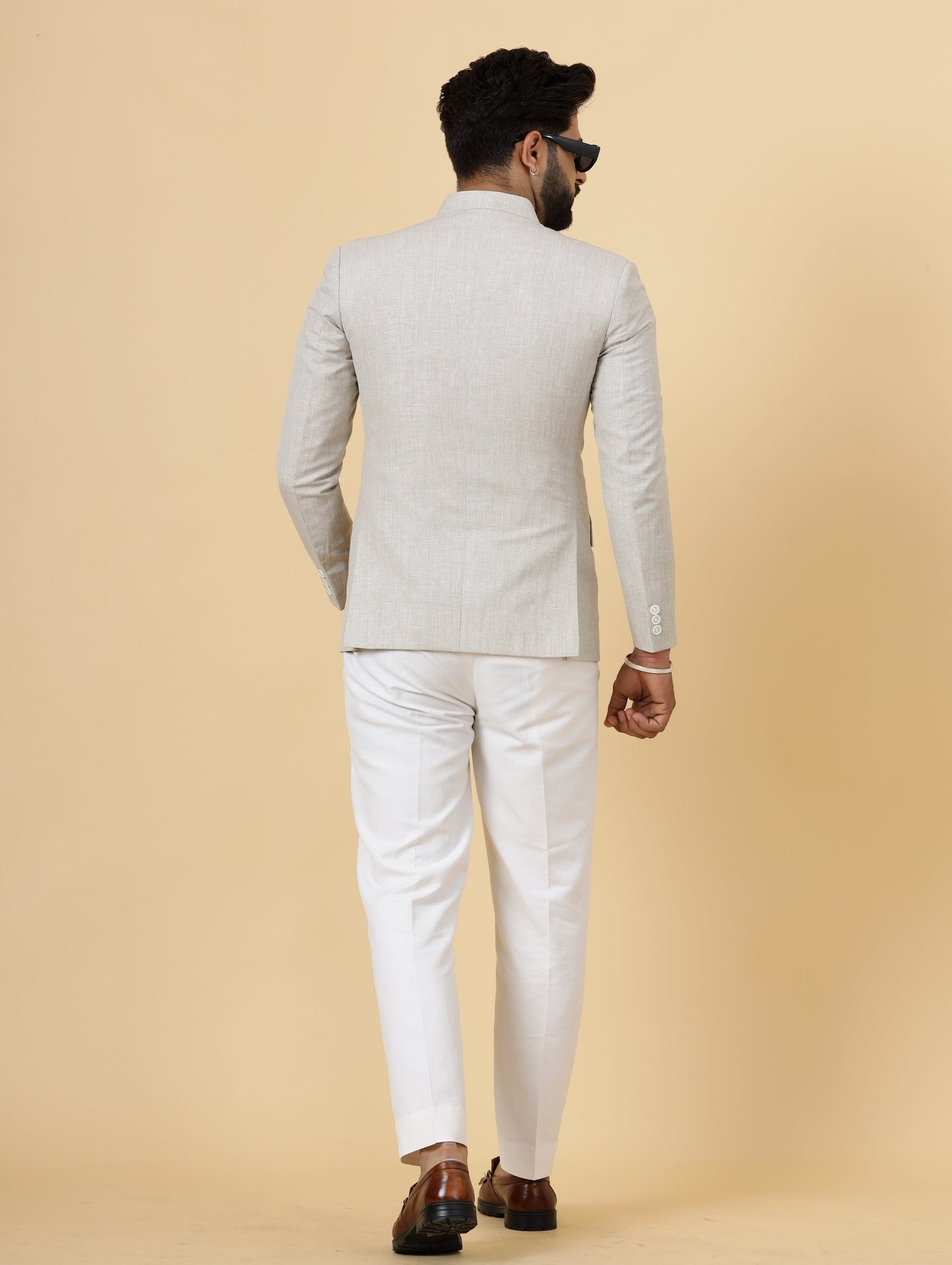 Bespoke Beige Linen Jodhpuri Bandhgala Suit For Men | White Trouser |