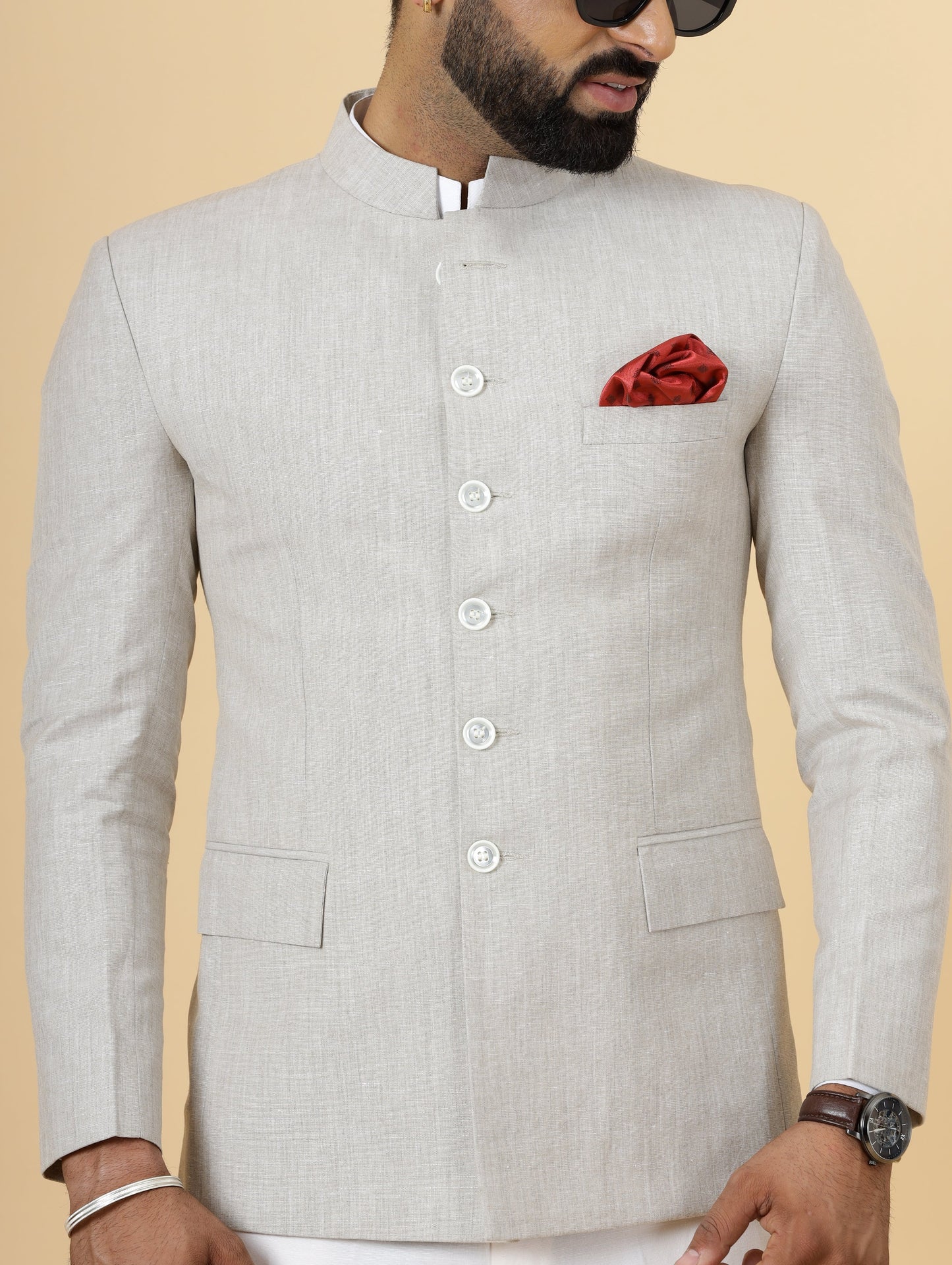 Bespoke Beige Linen Jodhpuri Bandhgala Suit For Men | White Trouser |