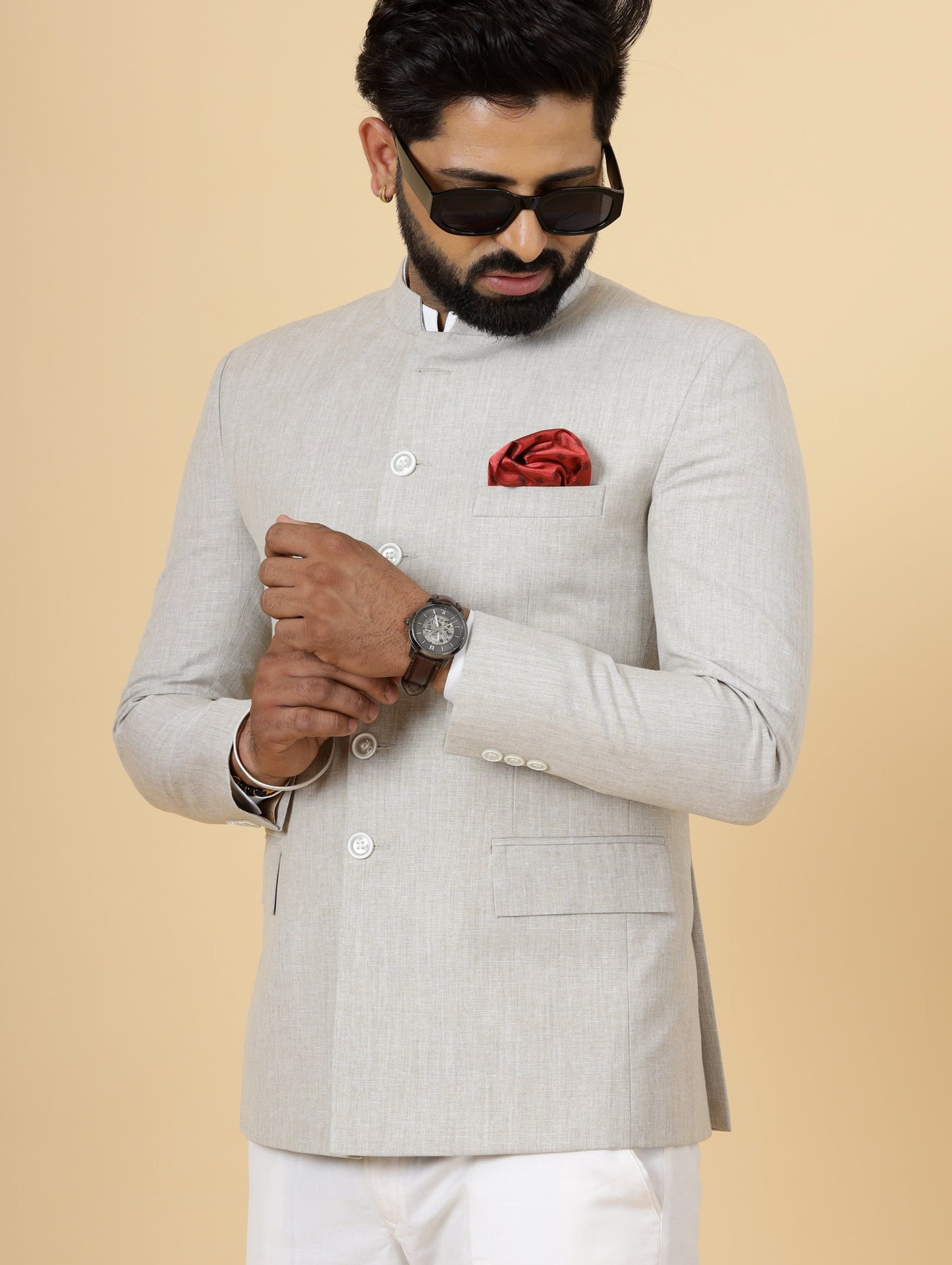 Bespoke Beige Linen Jodhpuri Bandhgala Suit For Men | White Trouser |