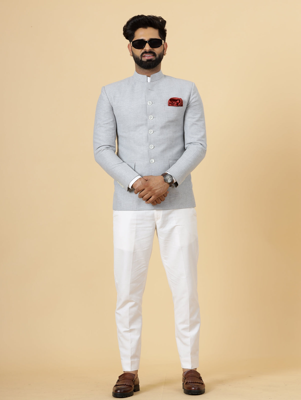 Bespoke Grey Linen Jodhpuri Bandhgala Suit For Men White Trouser — free download