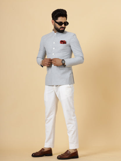 Bespoke Grey Linen Jodhpuri Bandhgala Suit For Men | White Trouser |