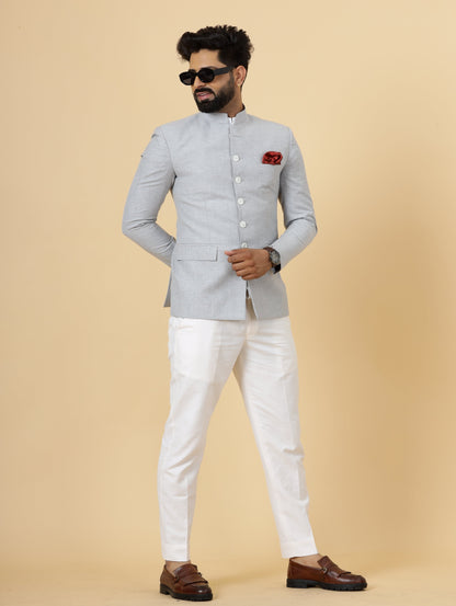 Bespoke Grey Linen Jodhpuri Bandhgala Suit For Men | White Trouser |