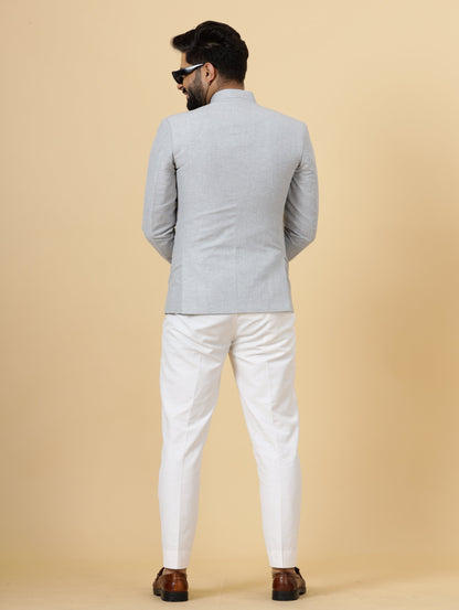 Bespoke Grey Linen Jodhpuri Bandhgala Suit For Men | White Trouser |