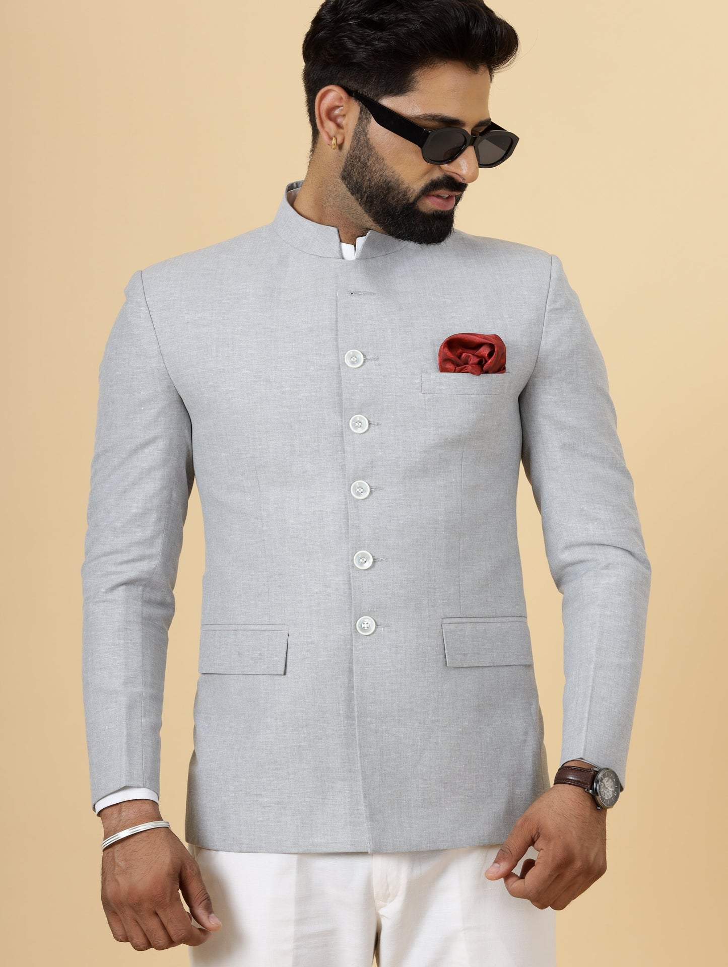 Bespoke Grey Linen Jodhpuri Bandhgala Suit For Men | White Trouser |