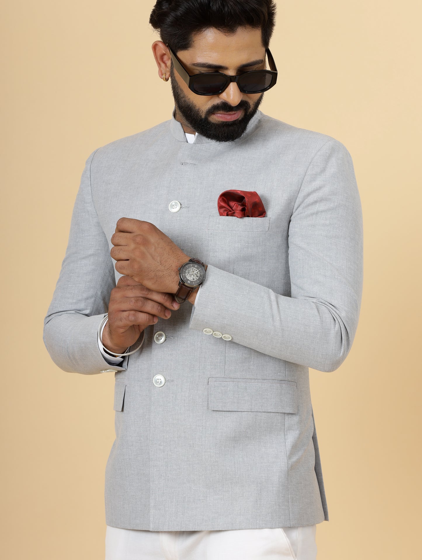 Bespoke Grey Linen Jodhpuri Bandhgala Suit For Men | White Trouser |