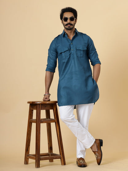 Teal Hunting Style Kurta-Pajama Set