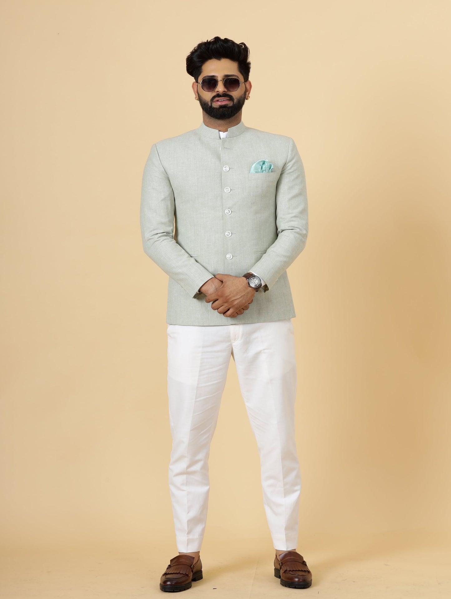 Bespoke Tea Green Linen Jodhpuri Bandhgala Suit For Men | White Trouser |