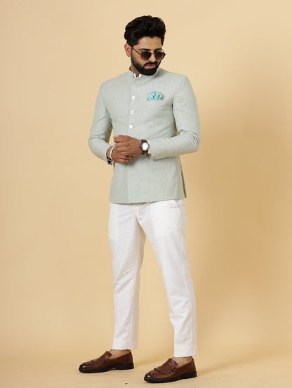 Bespoke Tea Green Linen Jodhpuri Bandhgala Suit For Men | White Trouser |