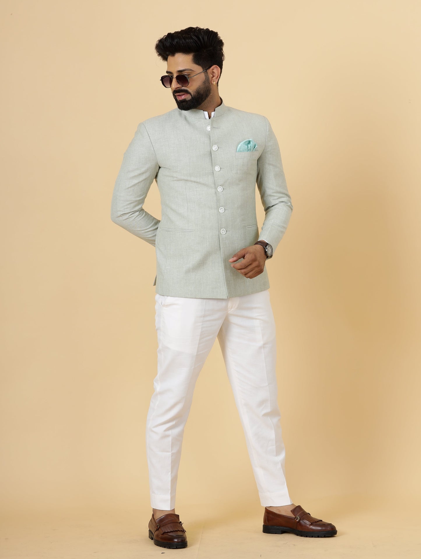 Bespoke Tea Green Linen Jodhpuri Bandhgala Suit For Men | White Trouser |