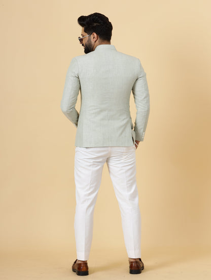 Bespoke Tea Green Linen Jodhpuri Bandhgala Suit For Men | White Trouser |