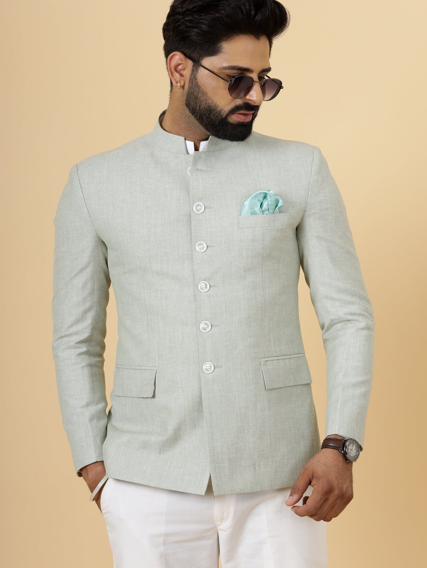 Bespoke Tea Green Linen Jodhpuri Bandhgala Suit For Men | White Trouser |