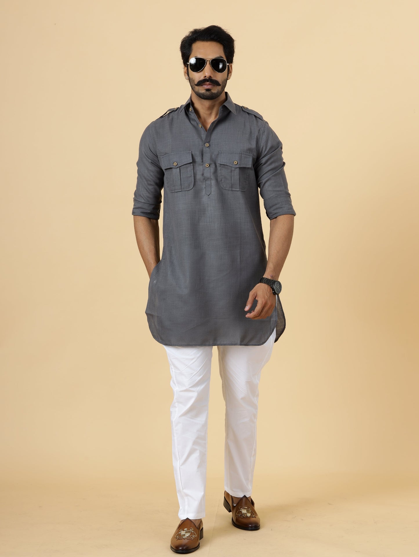 Dark Grey Hunting Style Kurta-Pajama set