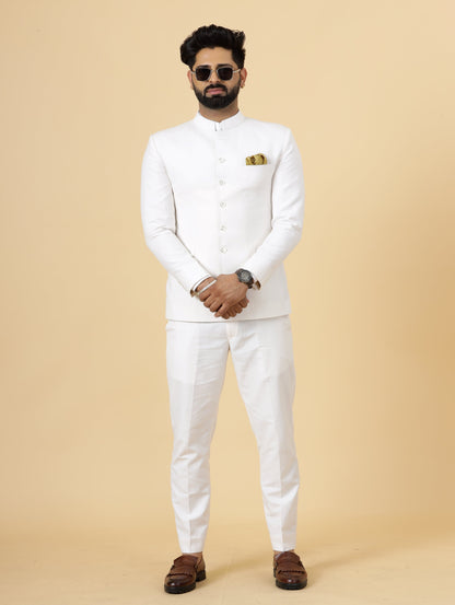 Bespoke White Linen Jodhpuri Bandhgala Suit For Men | White Trouser |