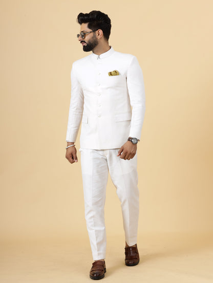 Bespoke White Linen Jodhpuri Bandhgala Suit For Men | White Trouser |