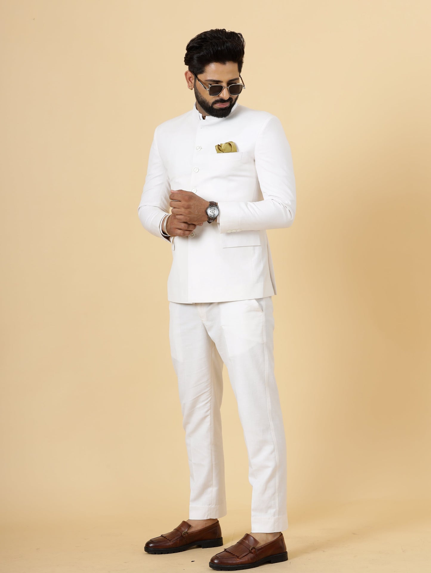 Bespoke White Linen Jodhpuri Bandhgala Suit For Men | White Trouser |