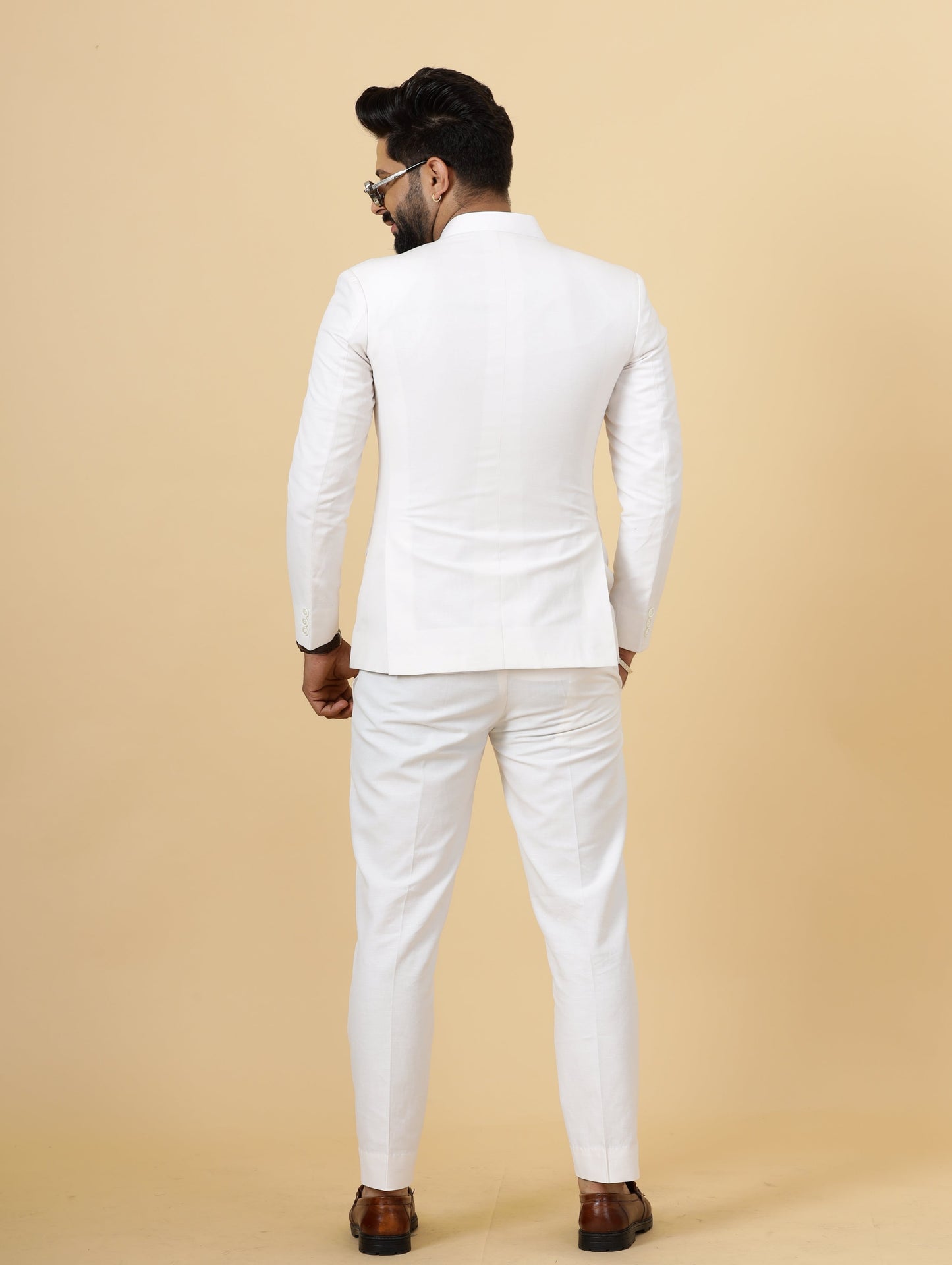 Bespoke White Linen Jodhpuri Bandhgala Suit For Men | White Trouser |