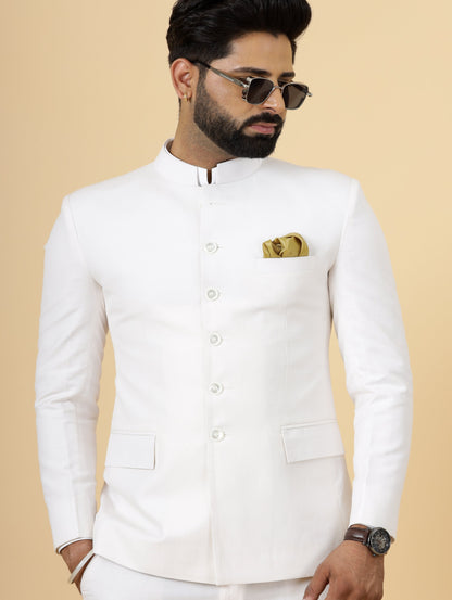 Bespoke White Linen Jodhpuri Bandhgala Suit For Men | White Trouser |