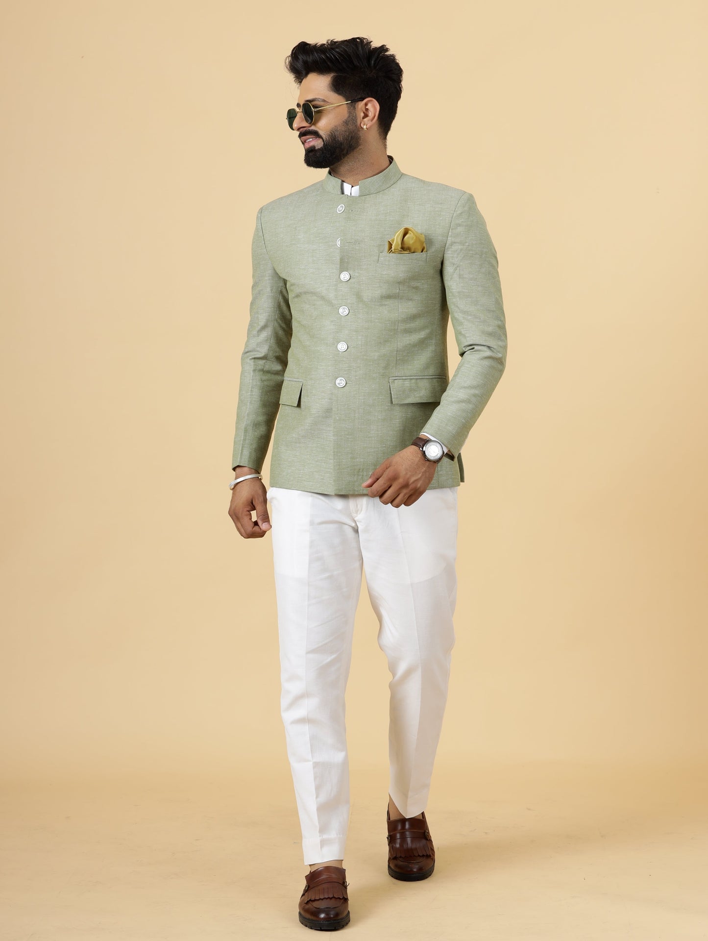 Bespoke Fern Green Linen Jodhpuri Bandhgala Suit For Men | White Trouser |