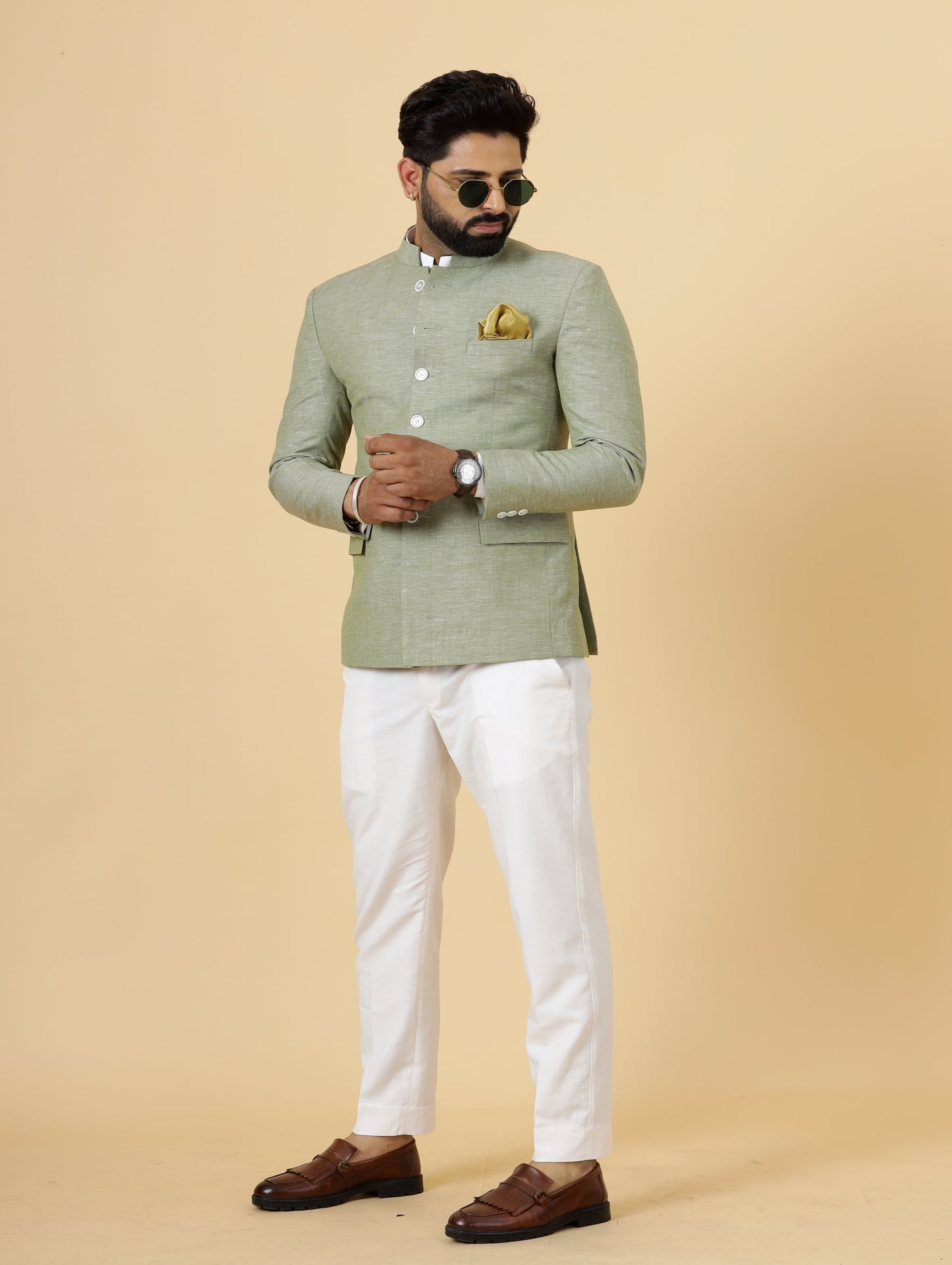 Bespoke Fern Green Linen Jodhpuri Bandhgala Suit For Men | White Trouser |