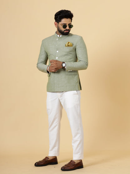 Bespoke Fern Green Linen Jodhpuri Bandhgala Suit For Men | White Trouser |