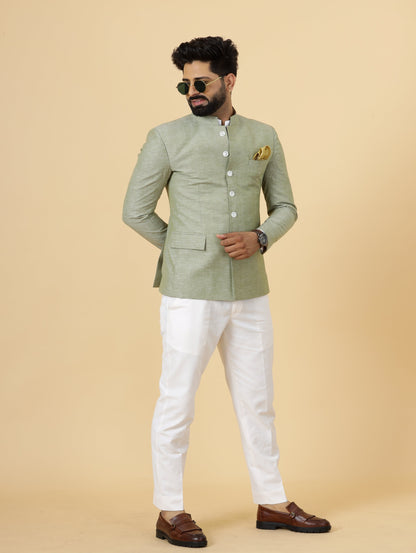 Bespoke Fern Green Linen Jodhpuri Bandhgala Suit For Men | White Trouser |