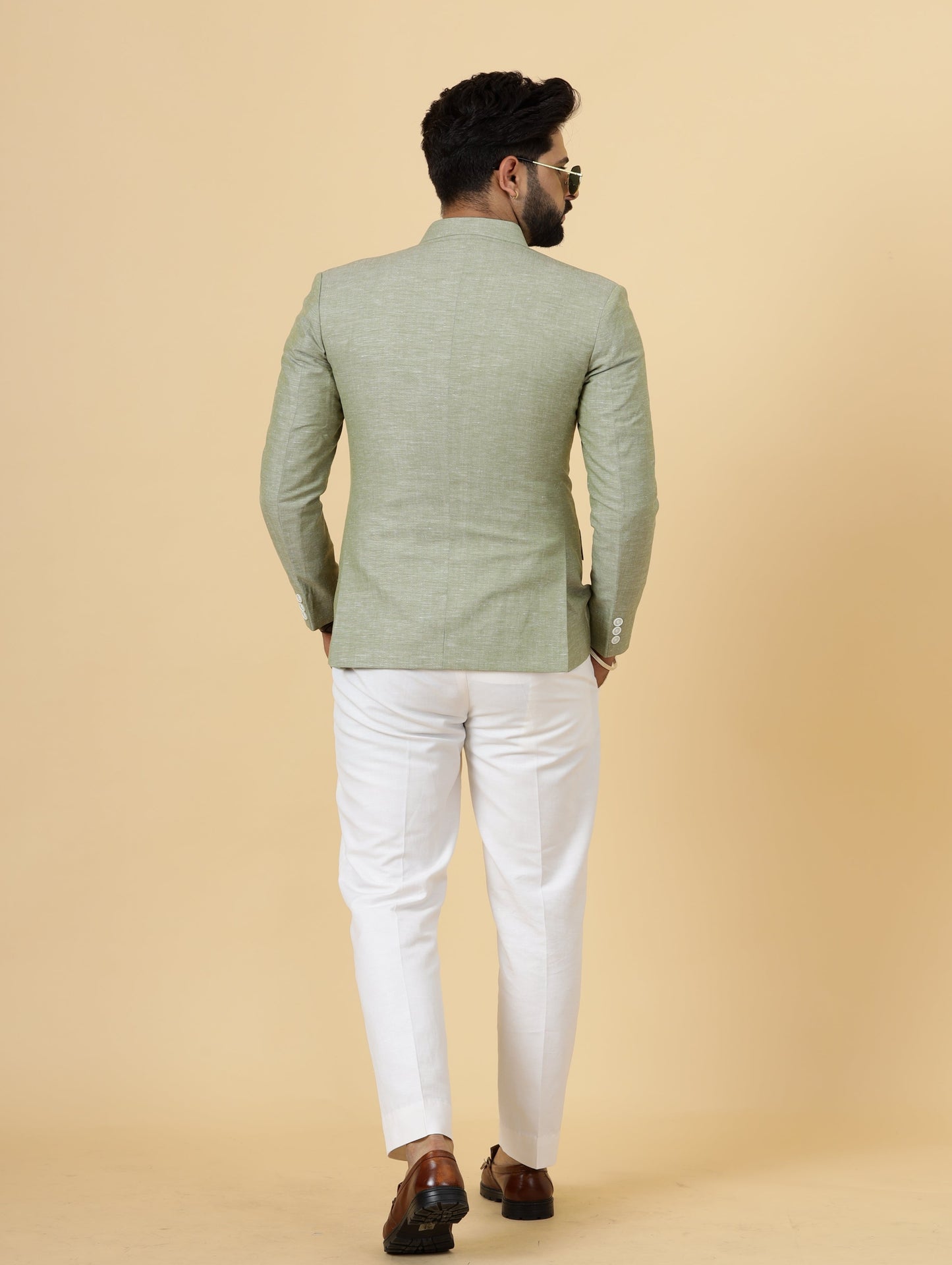 Bespoke Fern Green Linen Jodhpuri Bandhgala Suit For Men | White Trouser |