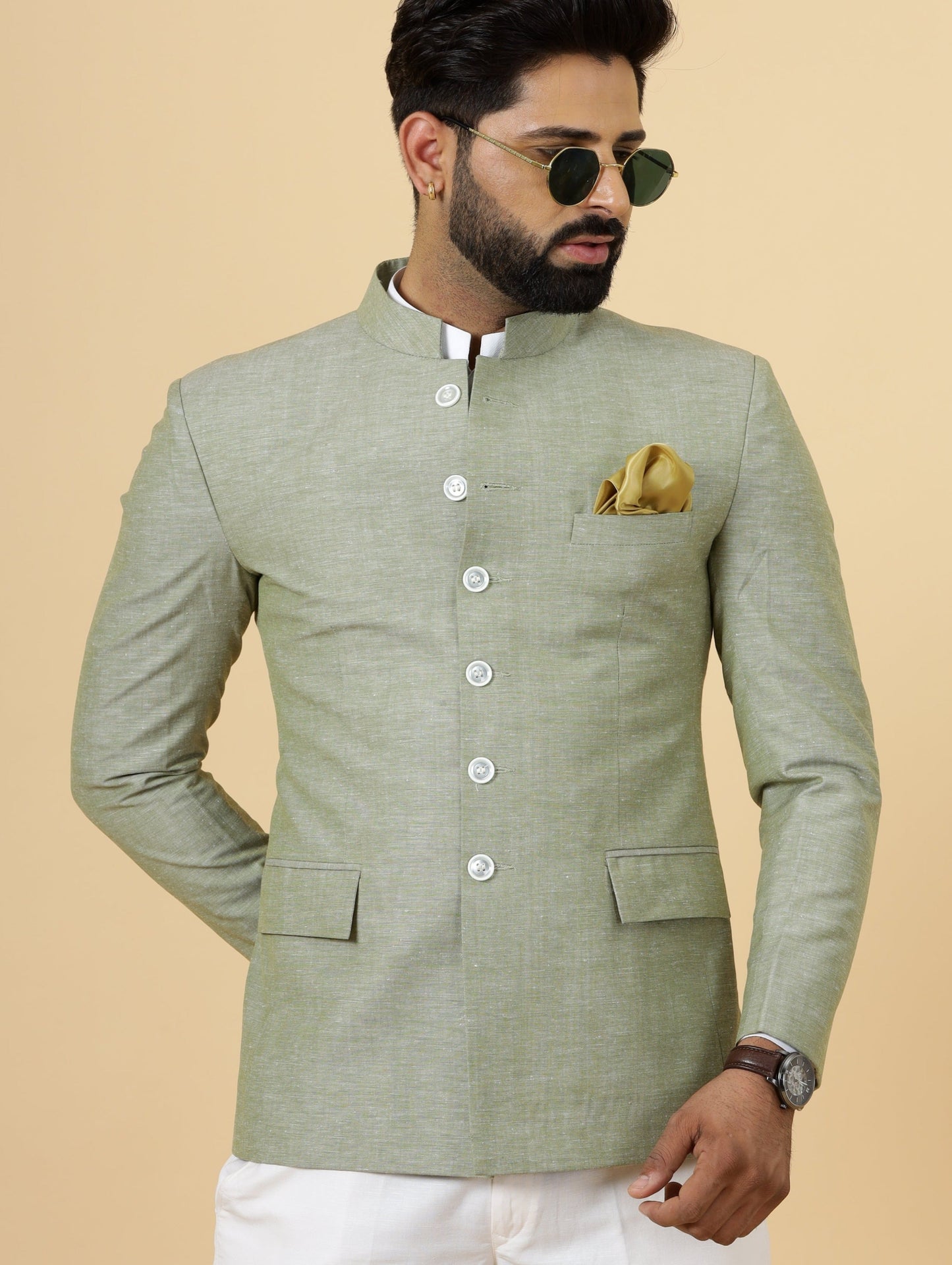 Bespoke Fern Green Linen Jodhpuri Bandhgala Suit For Men | White Trouser |