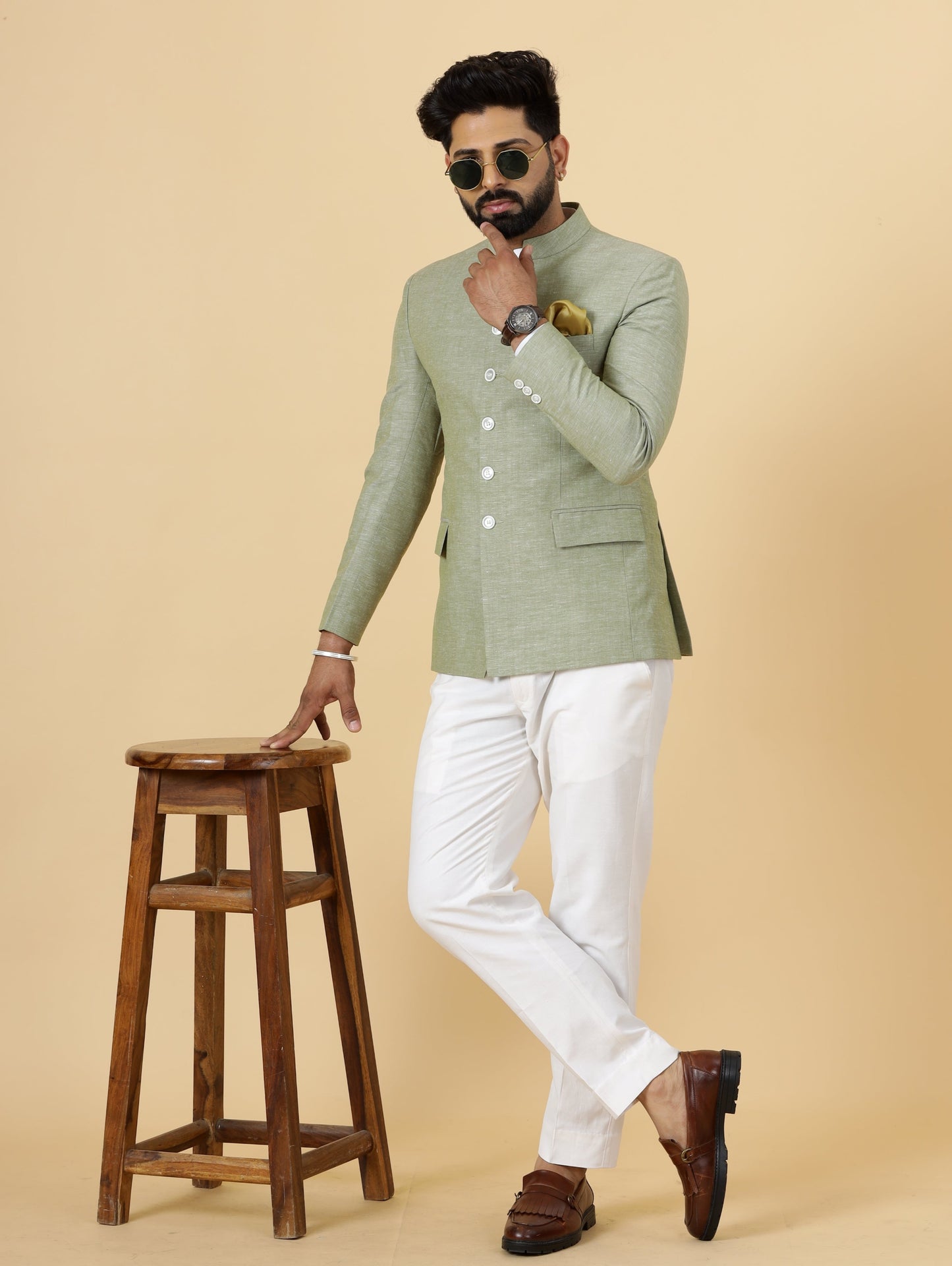 Bespoke Fern Green Linen Jodhpuri Bandhgala Suit For Men | White Trouser |