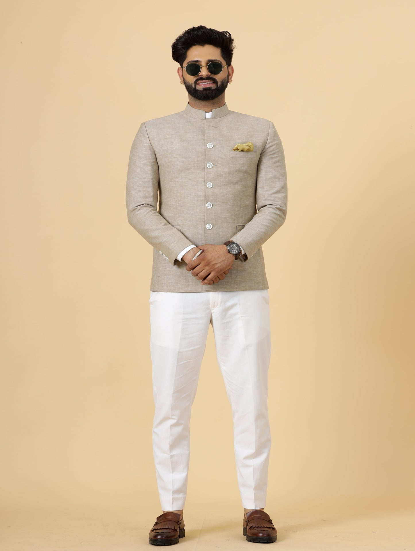 Bespoke Camel Brown Linen Jodhpuri Bandhgala Suit For Men | White Trouser |