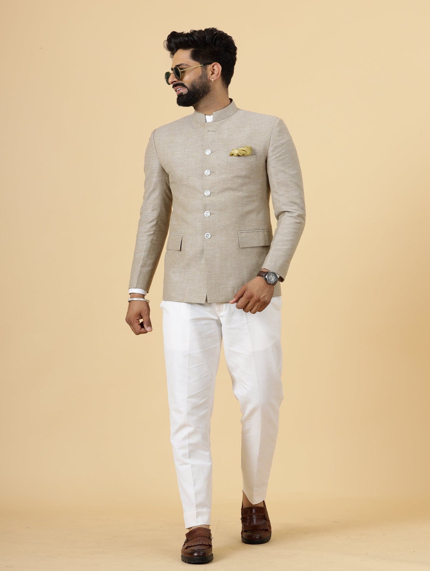 Bespoke Camel Brown Linen Jodhpuri Bandhgala Suit For Men | White Trouser |