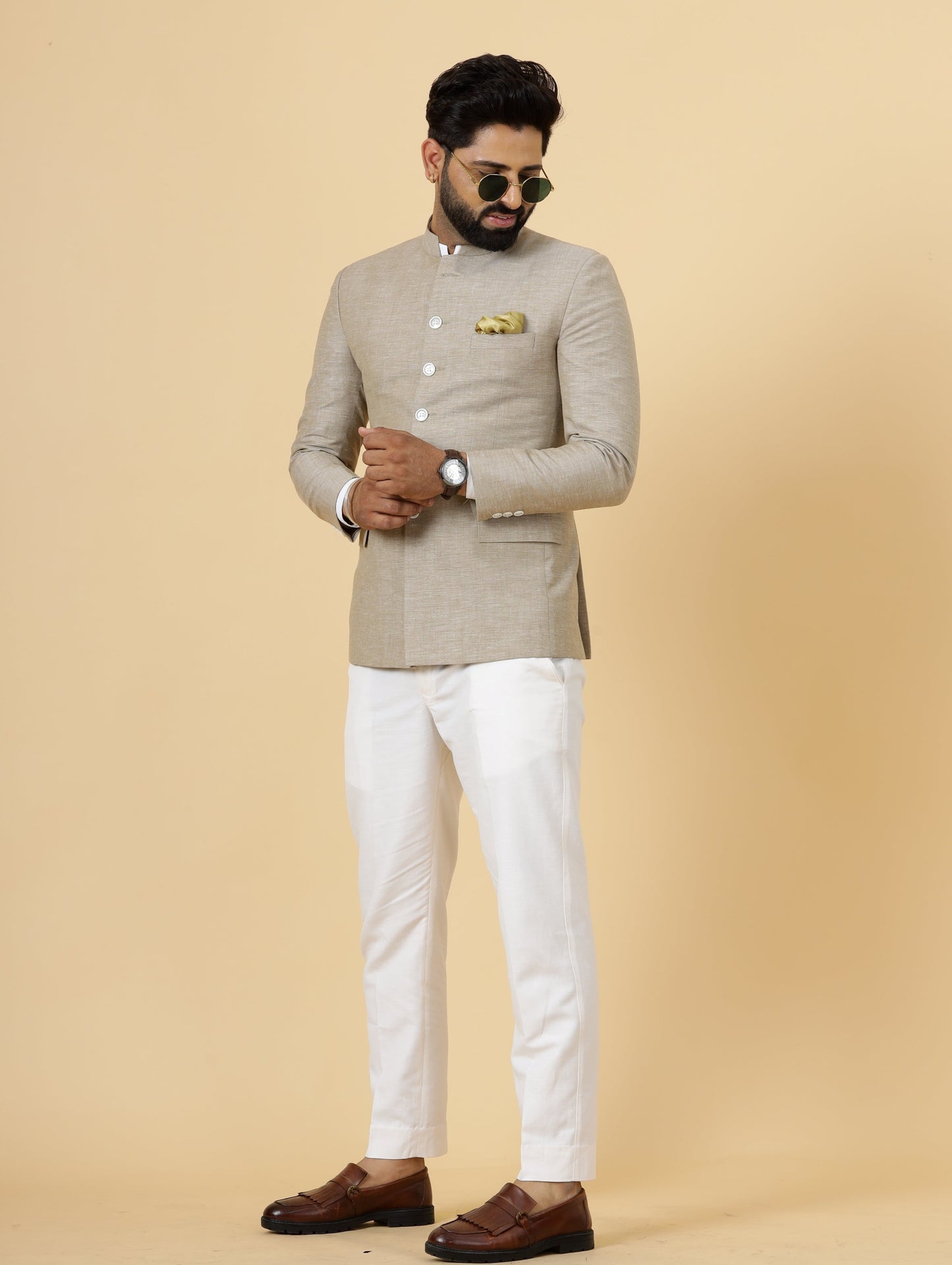 Bespoke Camel Brown Linen Jodhpuri Bandhgala Suit For Men | White Trouser |