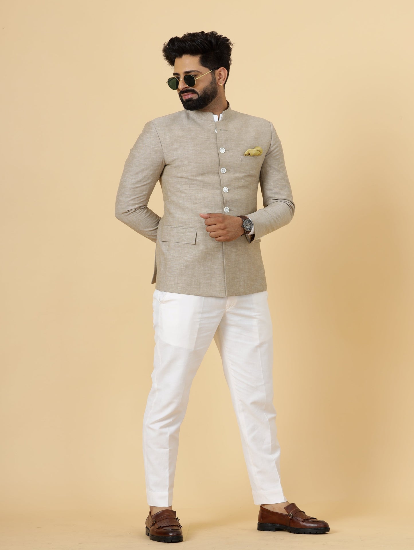 Bespoke Camel Brown Linen Jodhpuri Bandhgala Suit For Men | White Trouser |