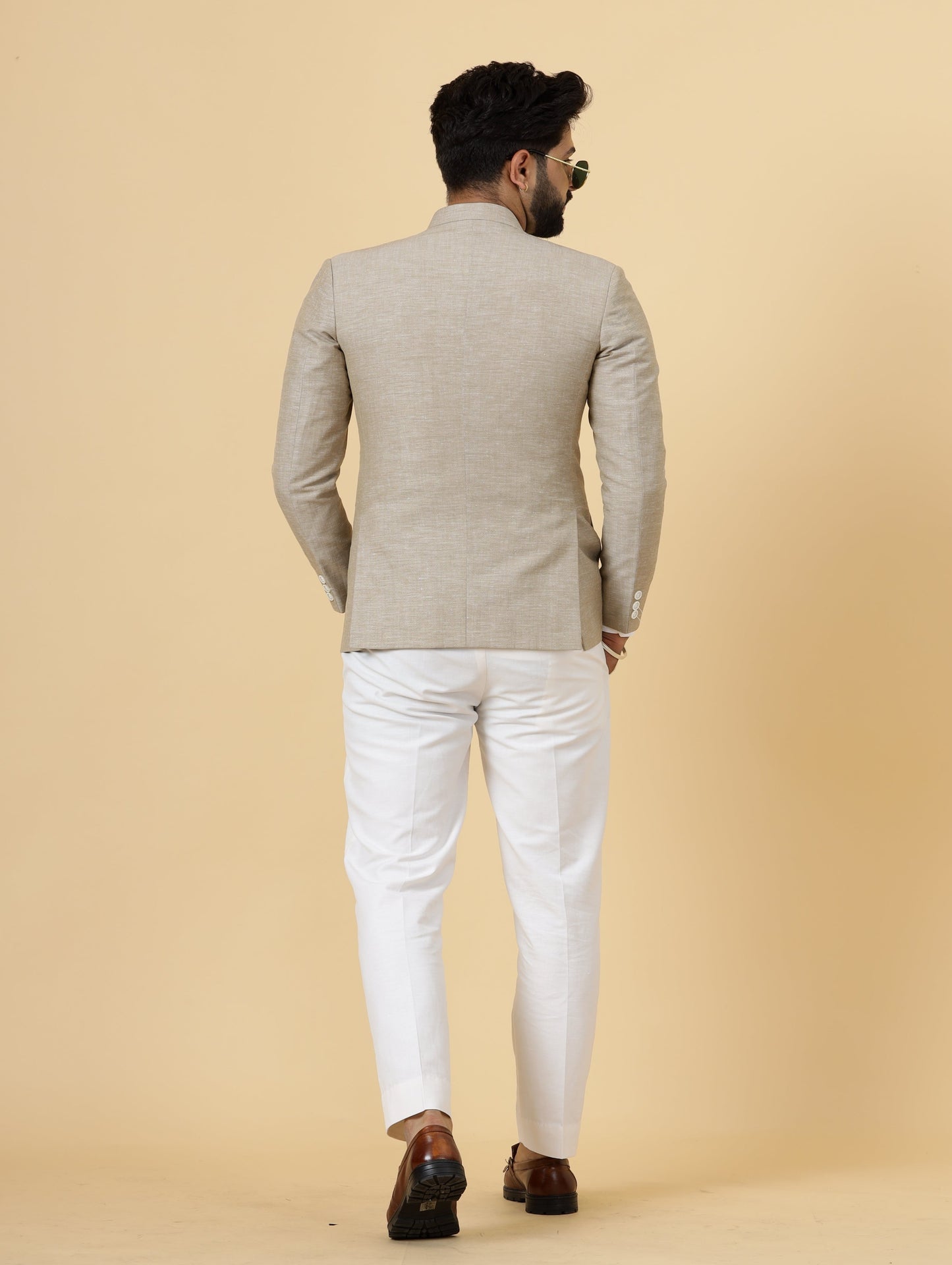 Bespoke Camel Brown Linen Jodhpuri Bandhgala Suit For Men | White Trouser |